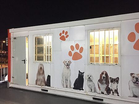 In solchen Containern reisen Hunde z.B. auf einer Fähre in einzelnen Boxen.